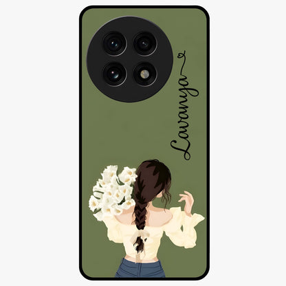 Braided Spring Beauty With Custom Name Glass Case for 1+13R elegant front view featuring braided floral artwork with personalized name design