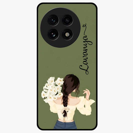 Braided Spring Beauty With Custom Name Glass Case for 1+13R elegant front view featuring braided floral artwork with personalized name design