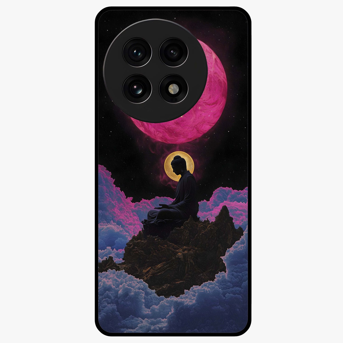 Buddha and Planets Glass Case for 1+13R serene front view featuring Buddha artwork with cosmic planetary background