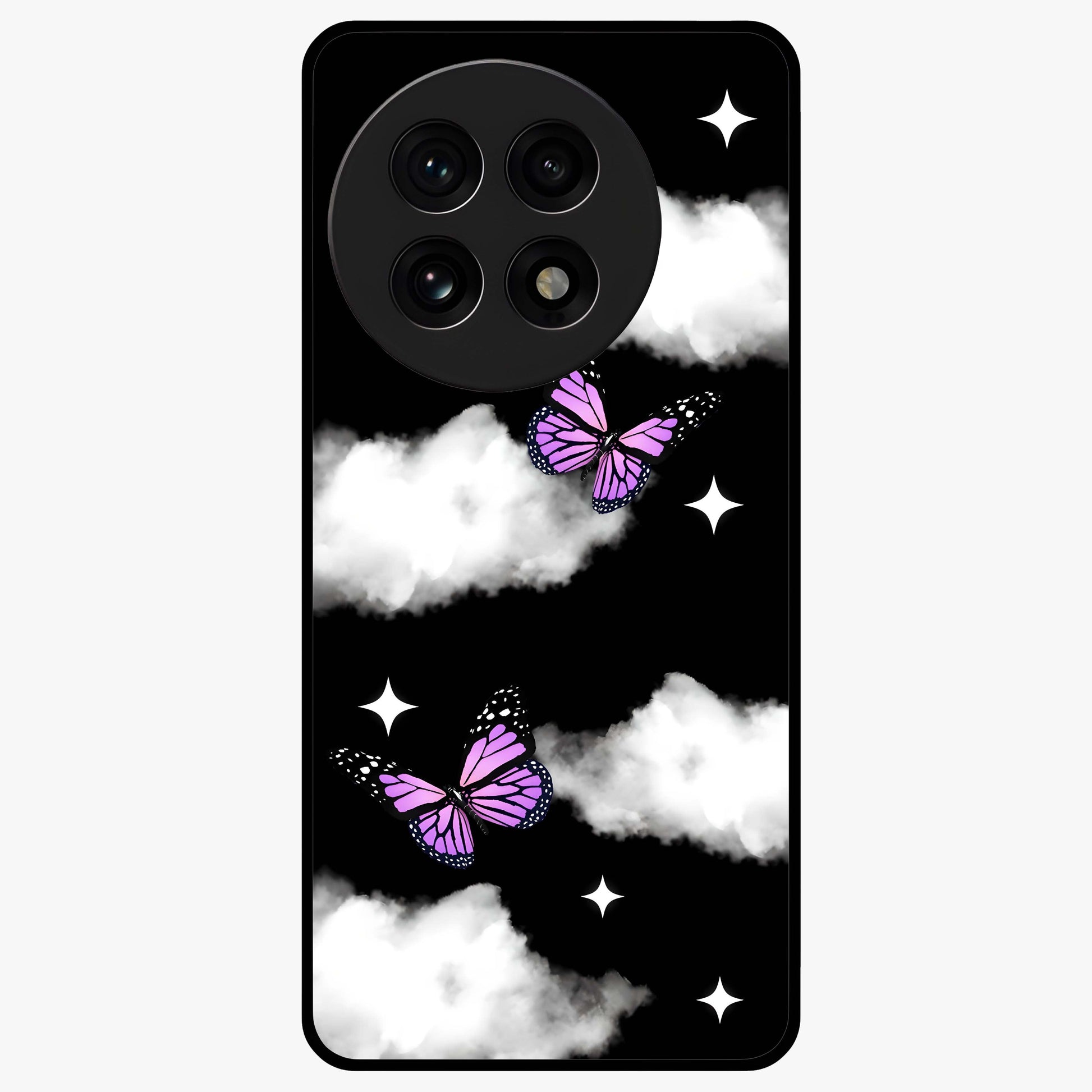 Butterfly Night Drift Glass Case for 1+13R dreamy front view featuring butterfly artwork with dark night inspired tones