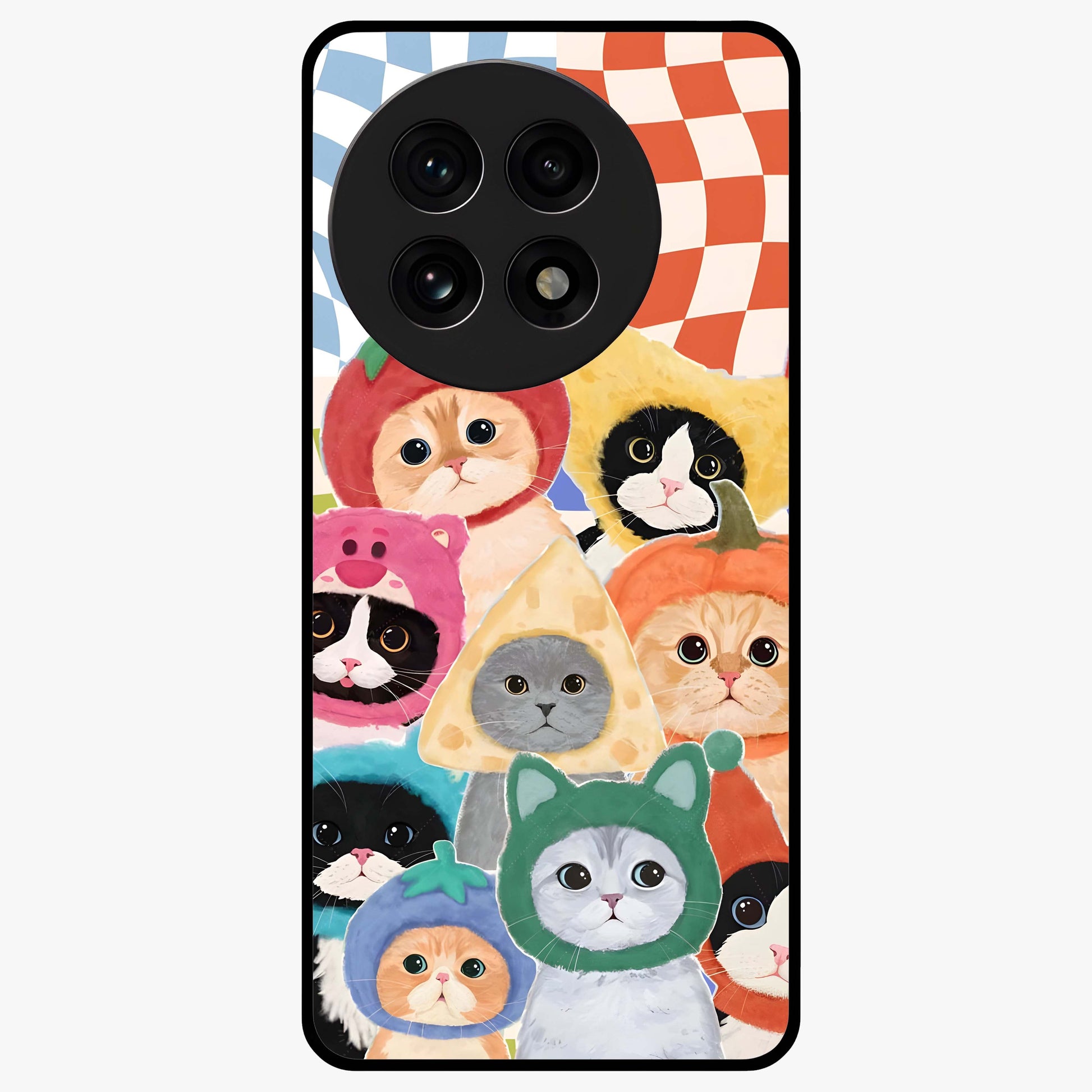 Cats in Fruits Glass Case for 1+13R playful front view featuring cute cat illustrations with vibrant fruit artwork