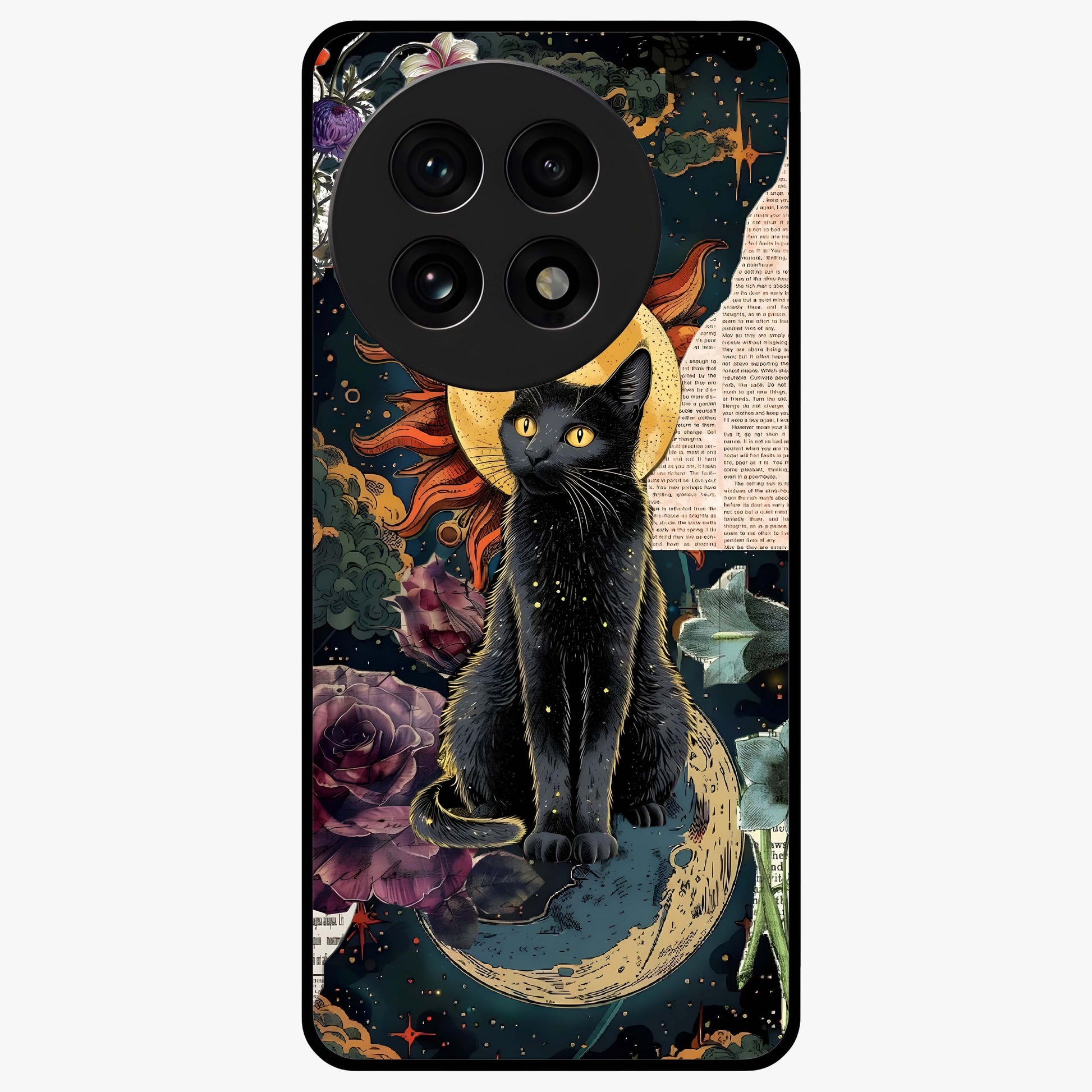 Celestial Black Cat Glass Case for 1+13R mystical front view featuring black cat artwork with cosmic background