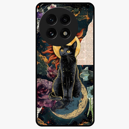 Celestial Black Cat Glass Case for 1+13R mystical front view featuring black cat artwork with cosmic background