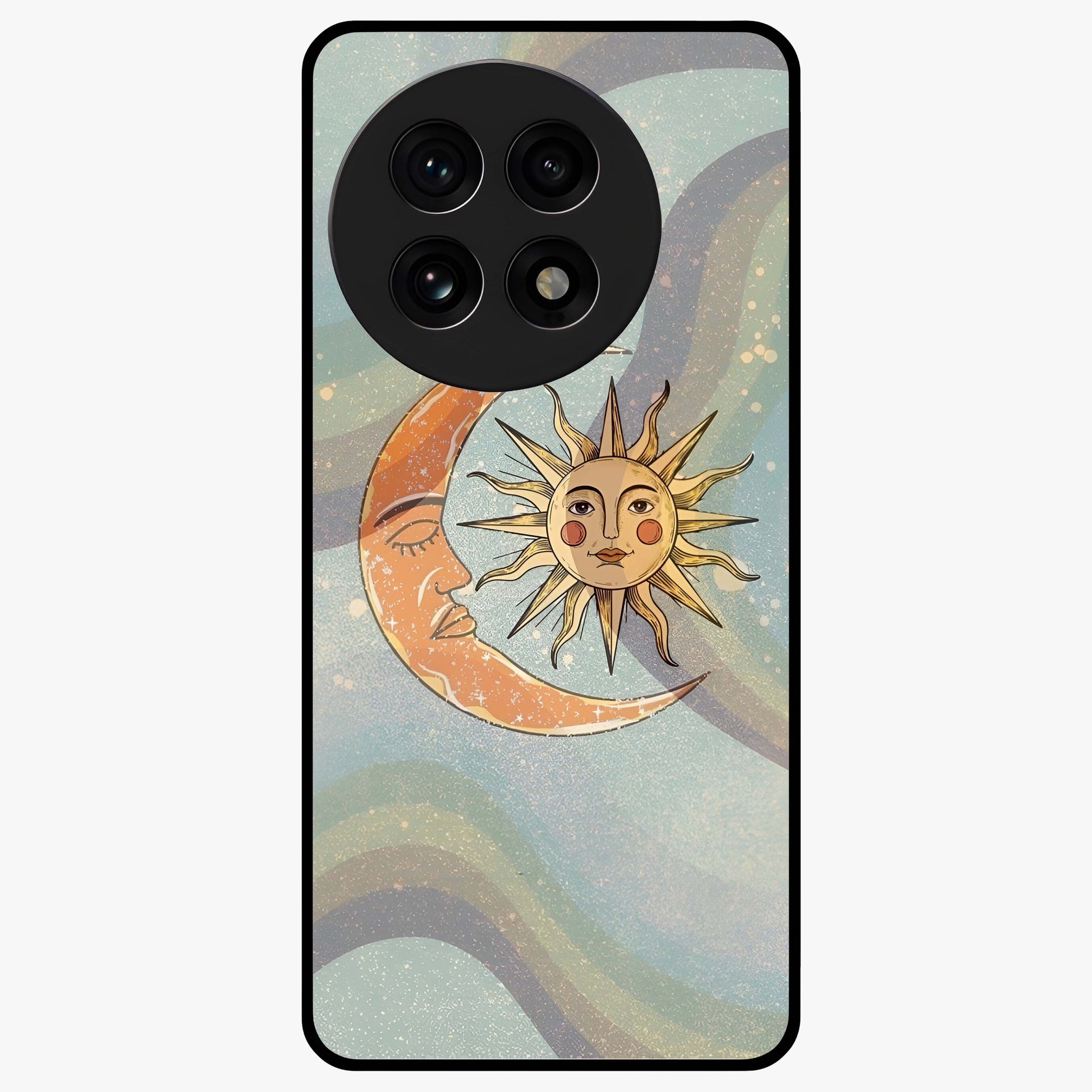 Celestial Harmony Vibes Glass Case for 1+13R serene front view featuring balanced cosmic artwork with calming tones