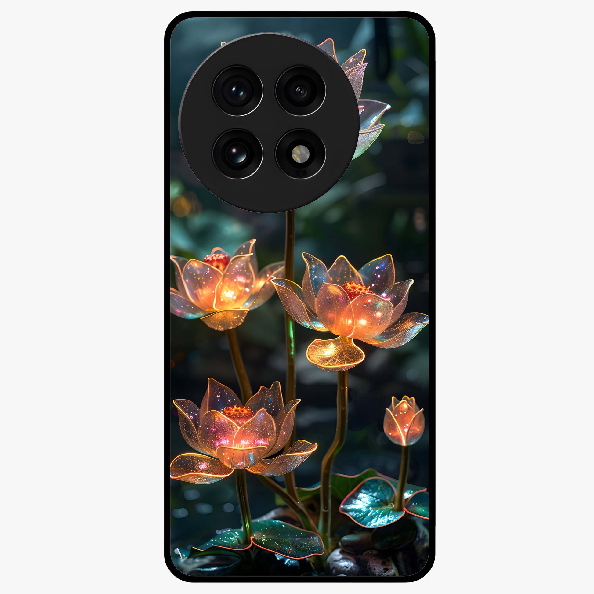 Celestial Lotus Light Glass Case for 1+13R peaceful front view featuring glowing lotus artwork with cosmic backdrop