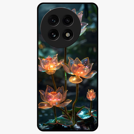 Celestial Lotus Light Glass Case for 1+13R peaceful front view featuring glowing lotus artwork with cosmic backdrop