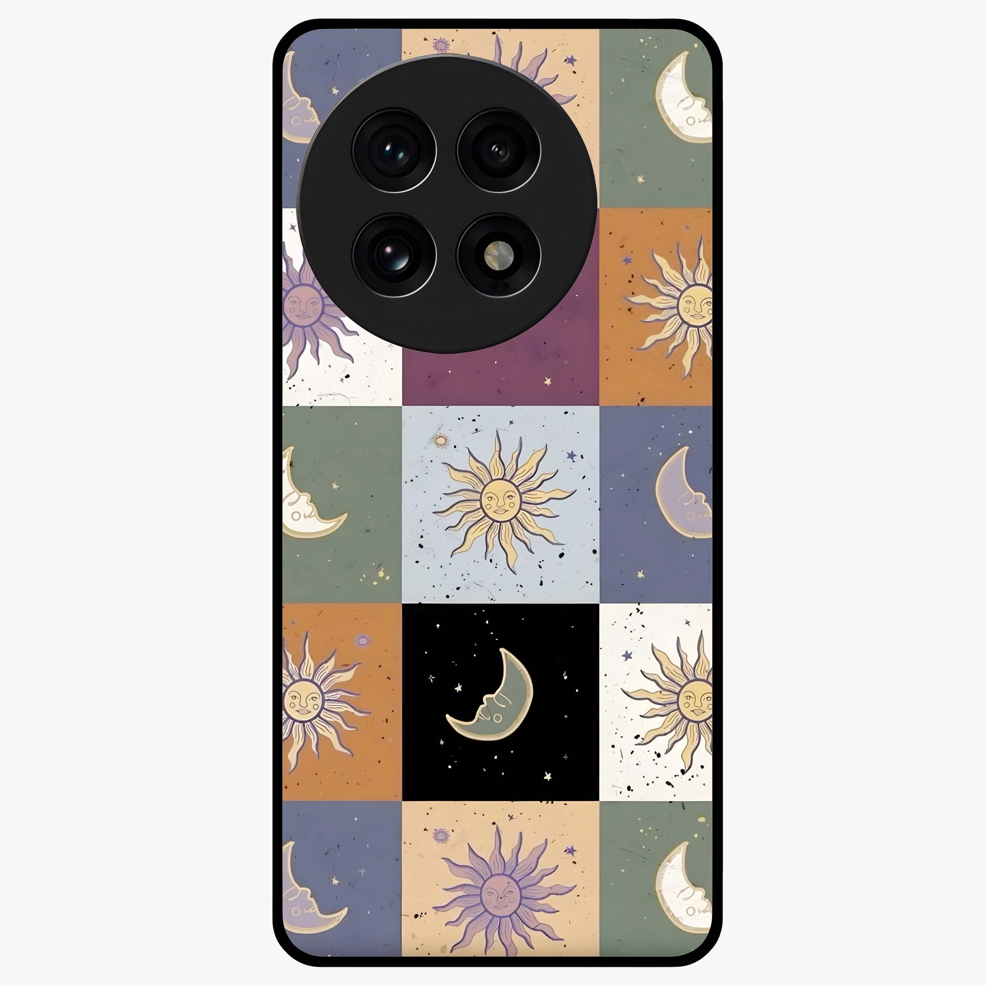 Celestial Patchwork Dreams Glass Case for 1+13R dreamy front view featuring patchwork style cosmic artwork