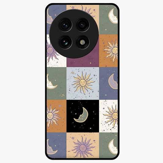 Celestial Patchwork Dreams Glass Case for 1+13R dreamy front view featuring patchwork style cosmic artwork