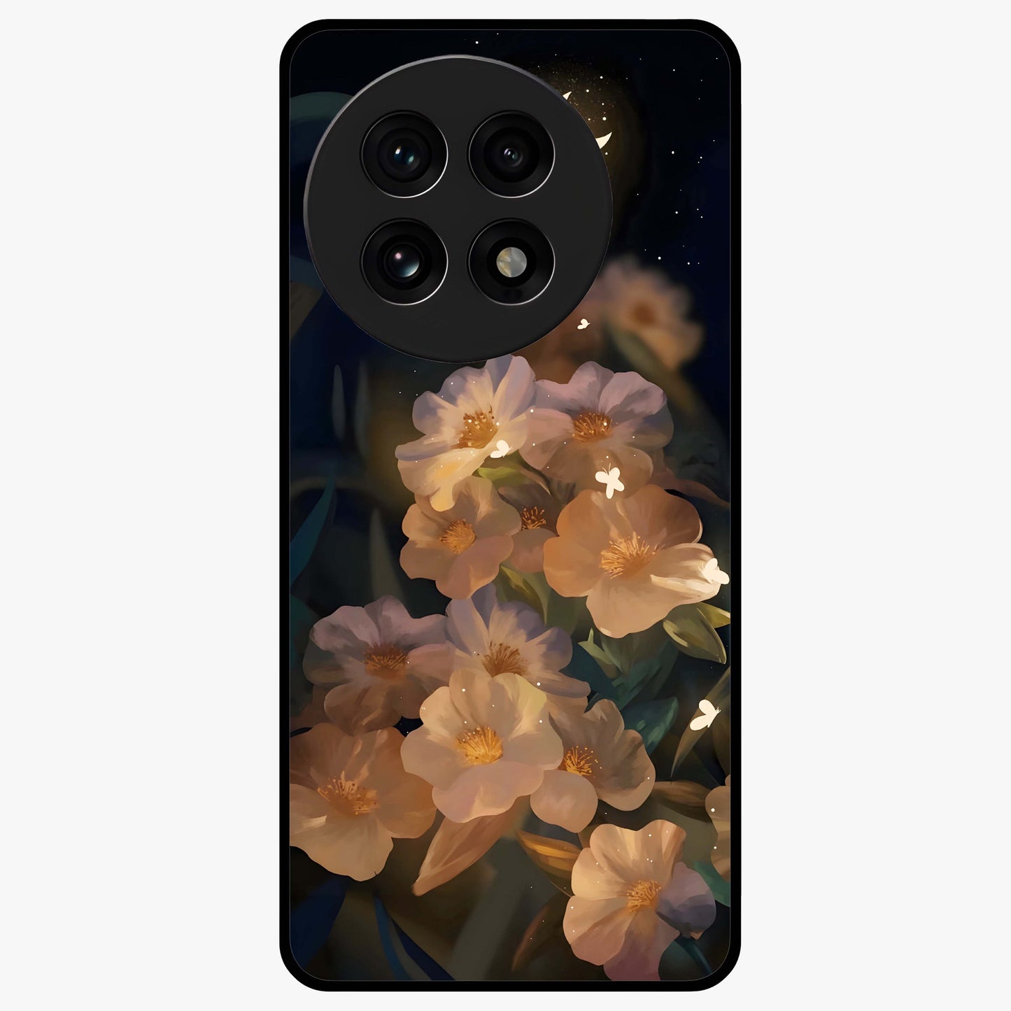 Celestial Petal Night Glass Case for 1+13R elegant front view featuring floral petals against dark night sky tones