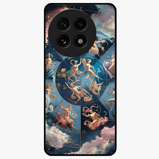 Celestial Signs Dance Glass Case for 1+13R artistic front view featuring zodiac inspired celestial symbol artwork
