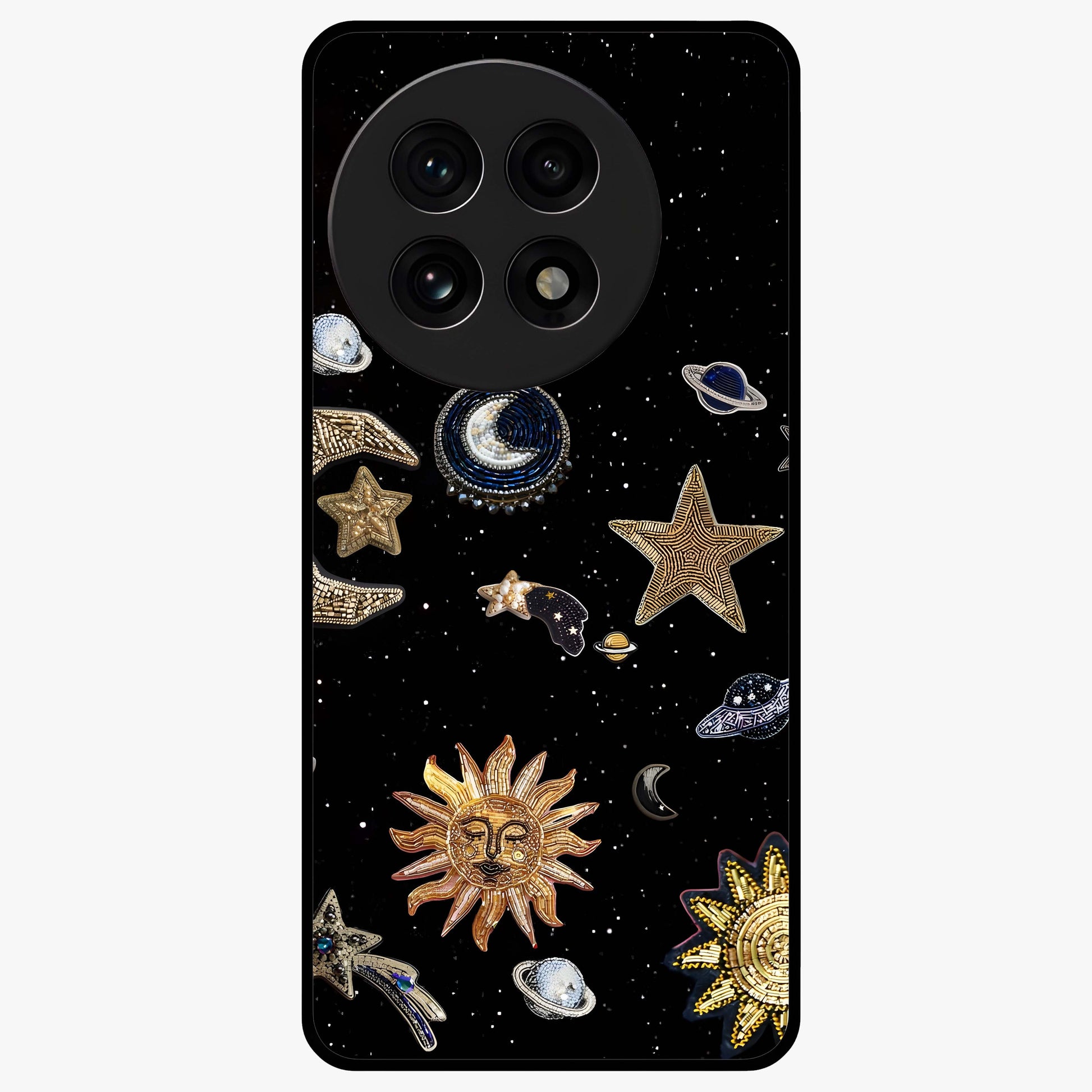 Celestial Star Charm Glass Case for 1+13R radiant front view featuring star inspired cosmic artwork