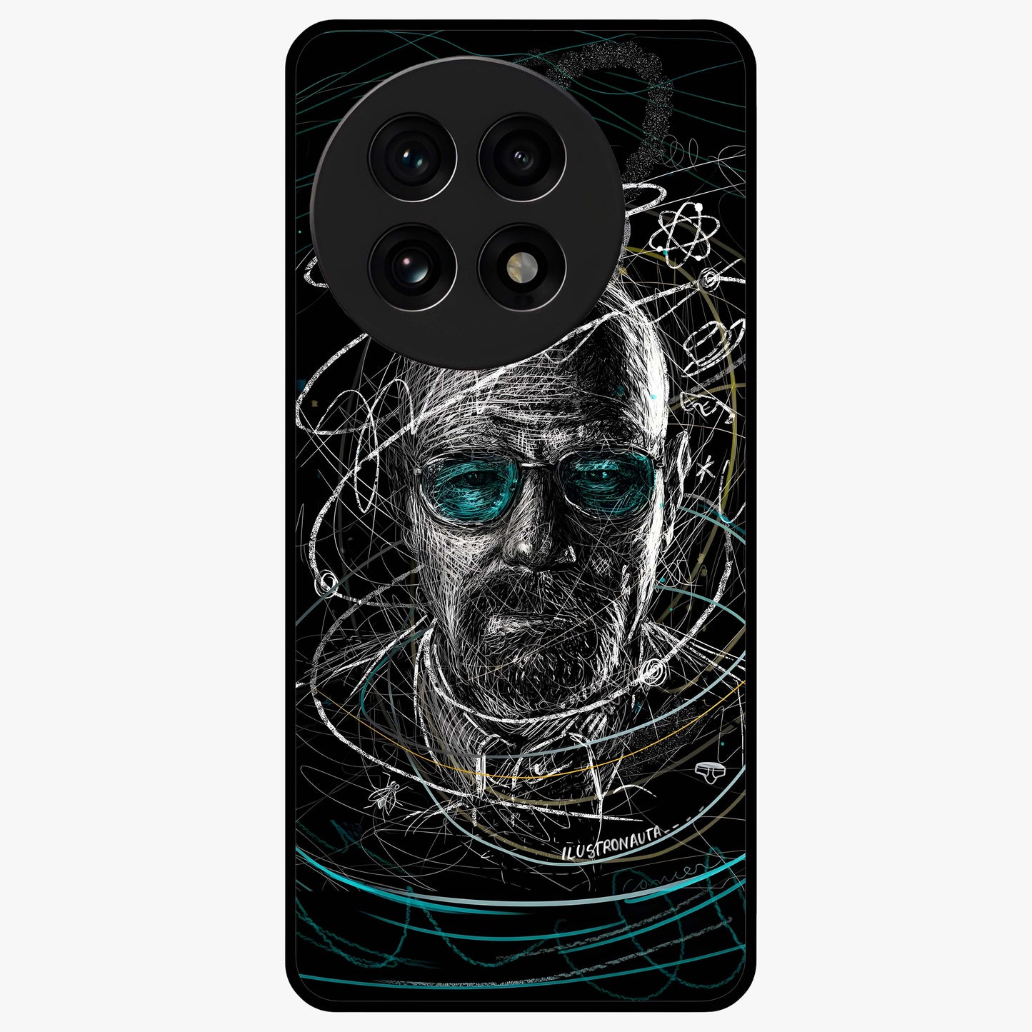 Chaotic Mind Genius Glass Case for 1+13R bold front view featuring expressive abstract typography artwork