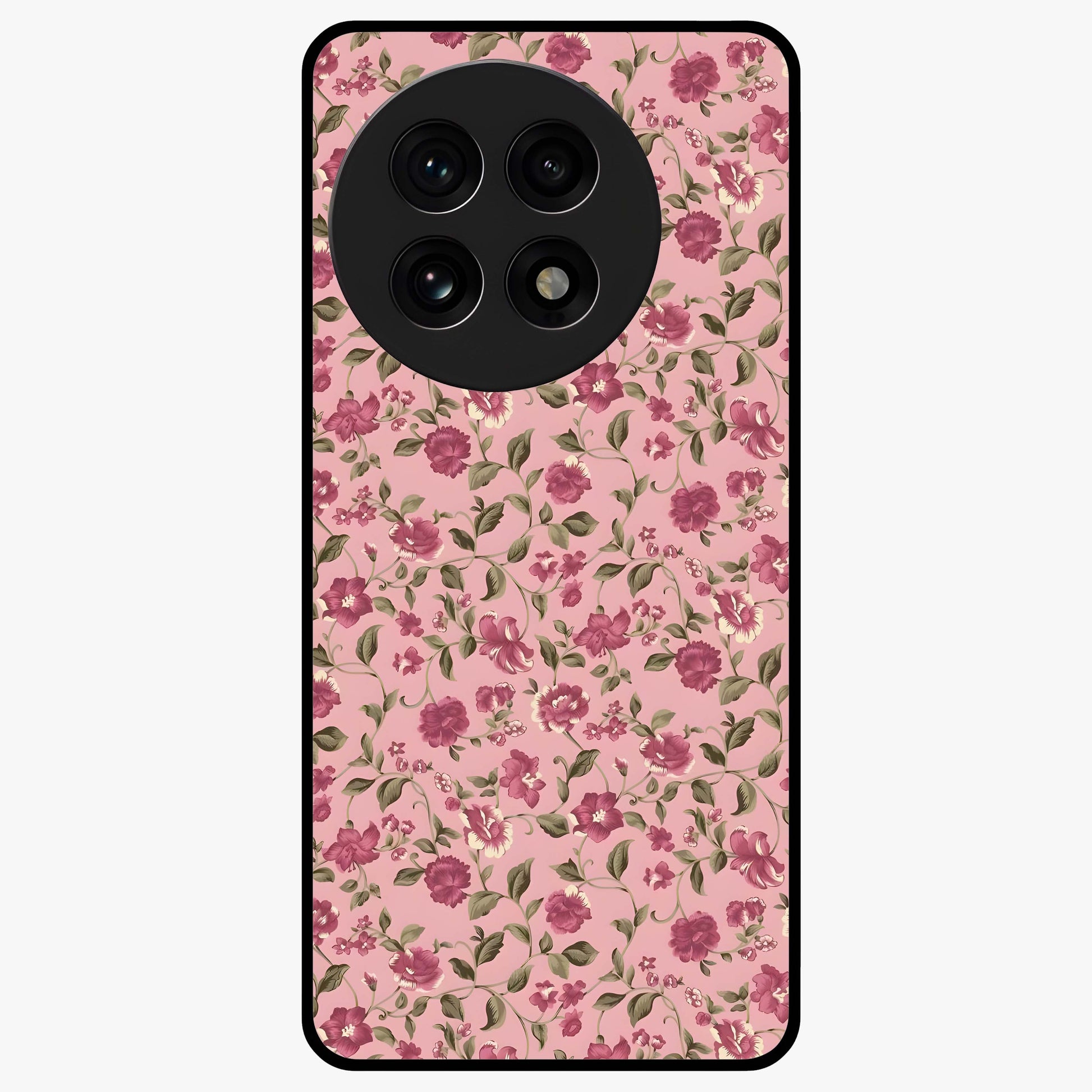 Charming Pink Floral Glass Case for 1+13R soft front view featuring delicate pink floral artwork