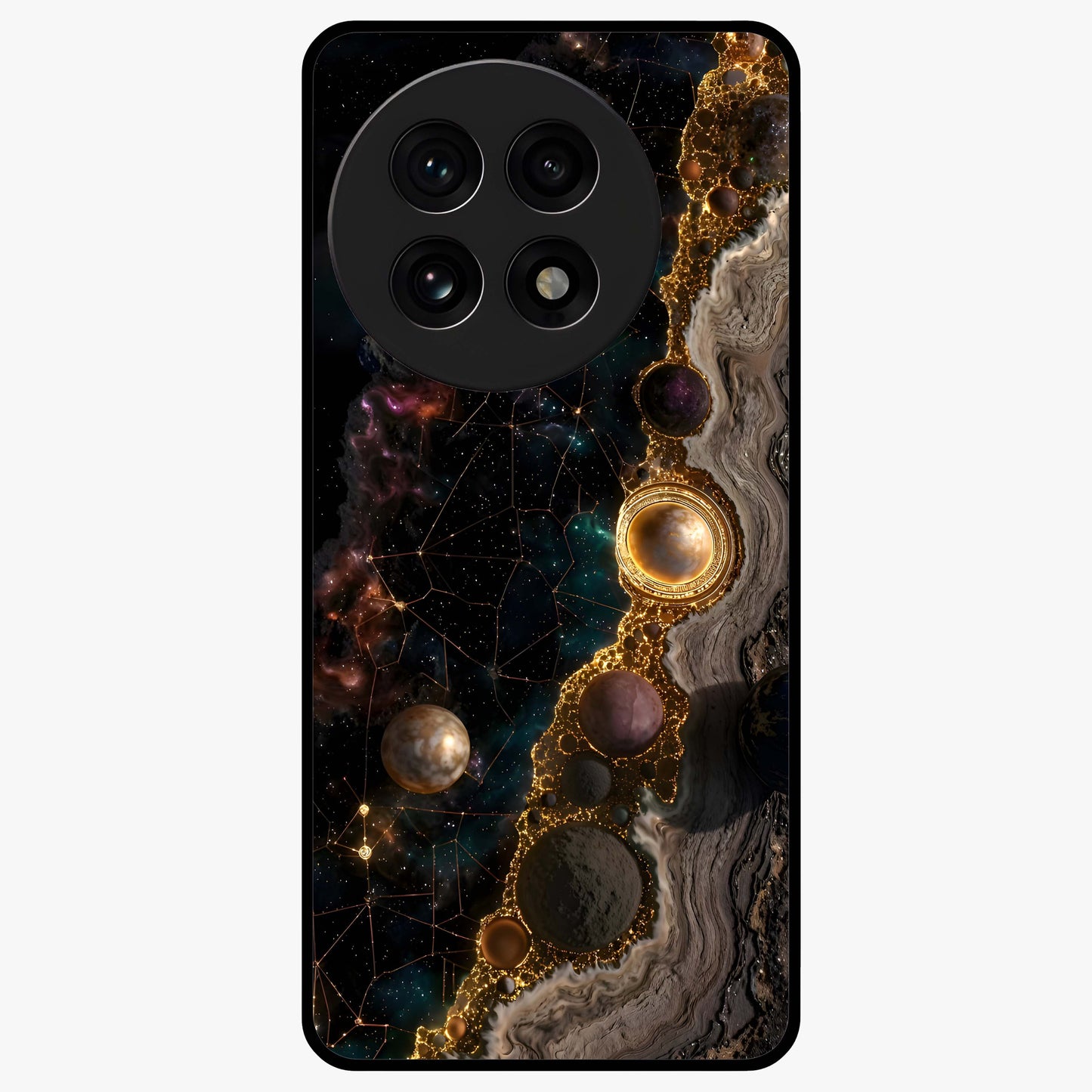 Cosmic Gold Path Glass Case for 1+13R luxurious front view featuring golden pathway artwork against cosmic backdrop