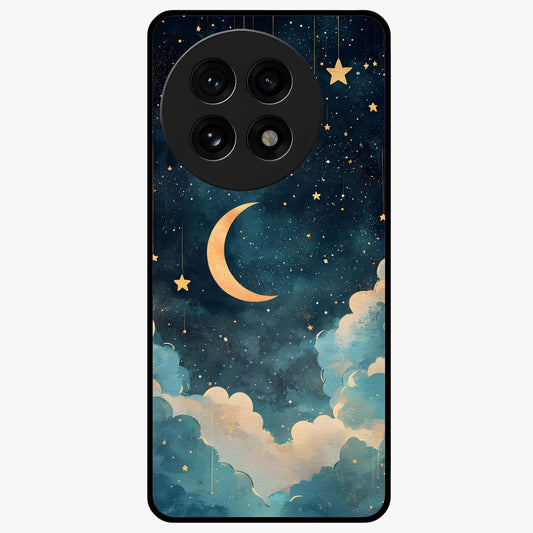 Crescent Galaxy Moon Glass Case for 1+13R mystical front view featuring crescent moon artwork with cosmic background