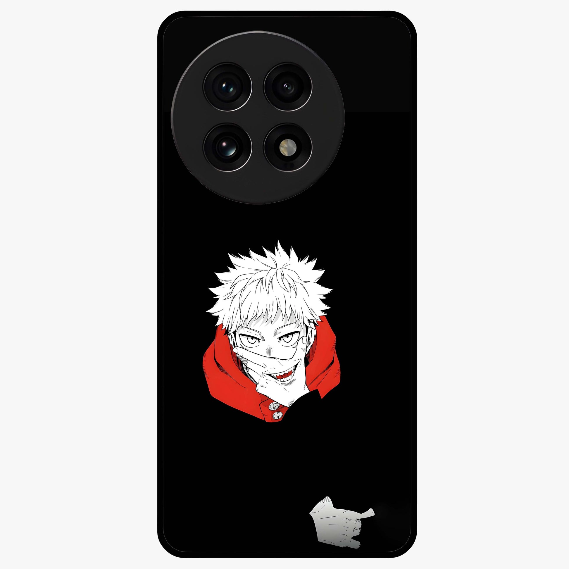 Crimson Chaos Smile Glass Case for 1+13R bold front view featuring edgy smile artwork in deep crimson tones
