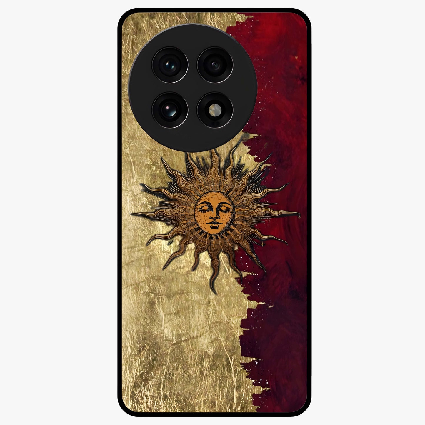Crimson Sun Majesty Glass Case for 1+13R radiant front view featuring glowing sun artwork in deep red hues
