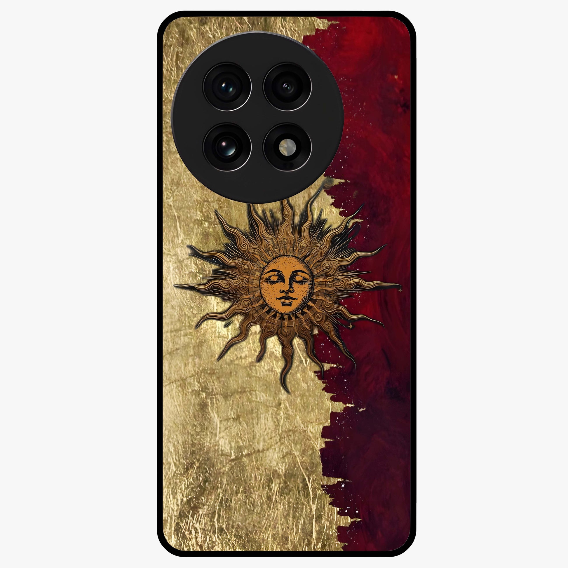 Crimson Sun Majesty Glass Case for 1+13R radiant front view featuring glowing sun artwork in deep red hues