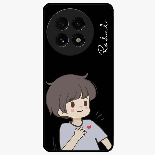 Cute Boy Heart Reaction Glass Case for 1+13R adorable front view featuring playful heart reaction character artwork