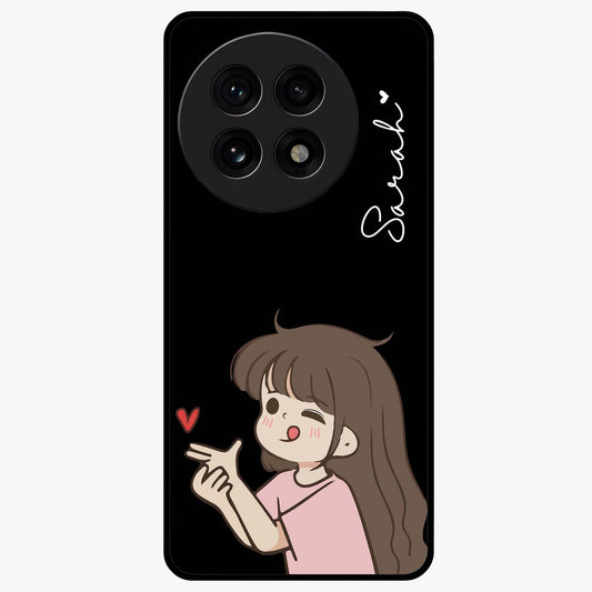 Cute Girl Firing Heart Glass Case for 1+13R charming front view featuring animated heart themed artwork