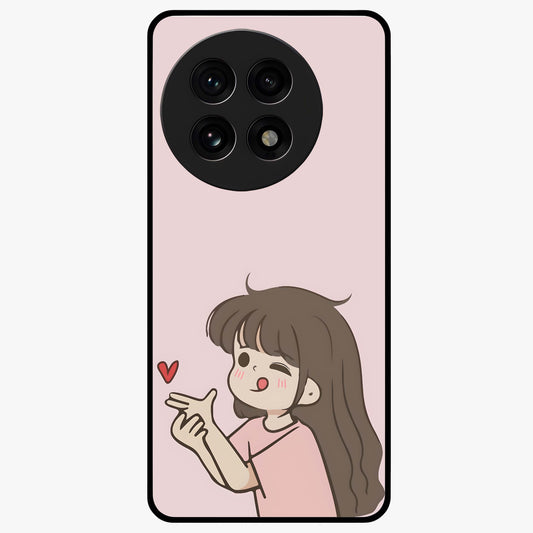 Cute Kiss Heart Glass Case for 1+13R sweet front view featuring romantic kiss and heart inspired artwork