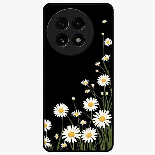 Daisy Cascade on Black Glass Case for 1+13R elegant front view featuring white daisy artwork on deep black background