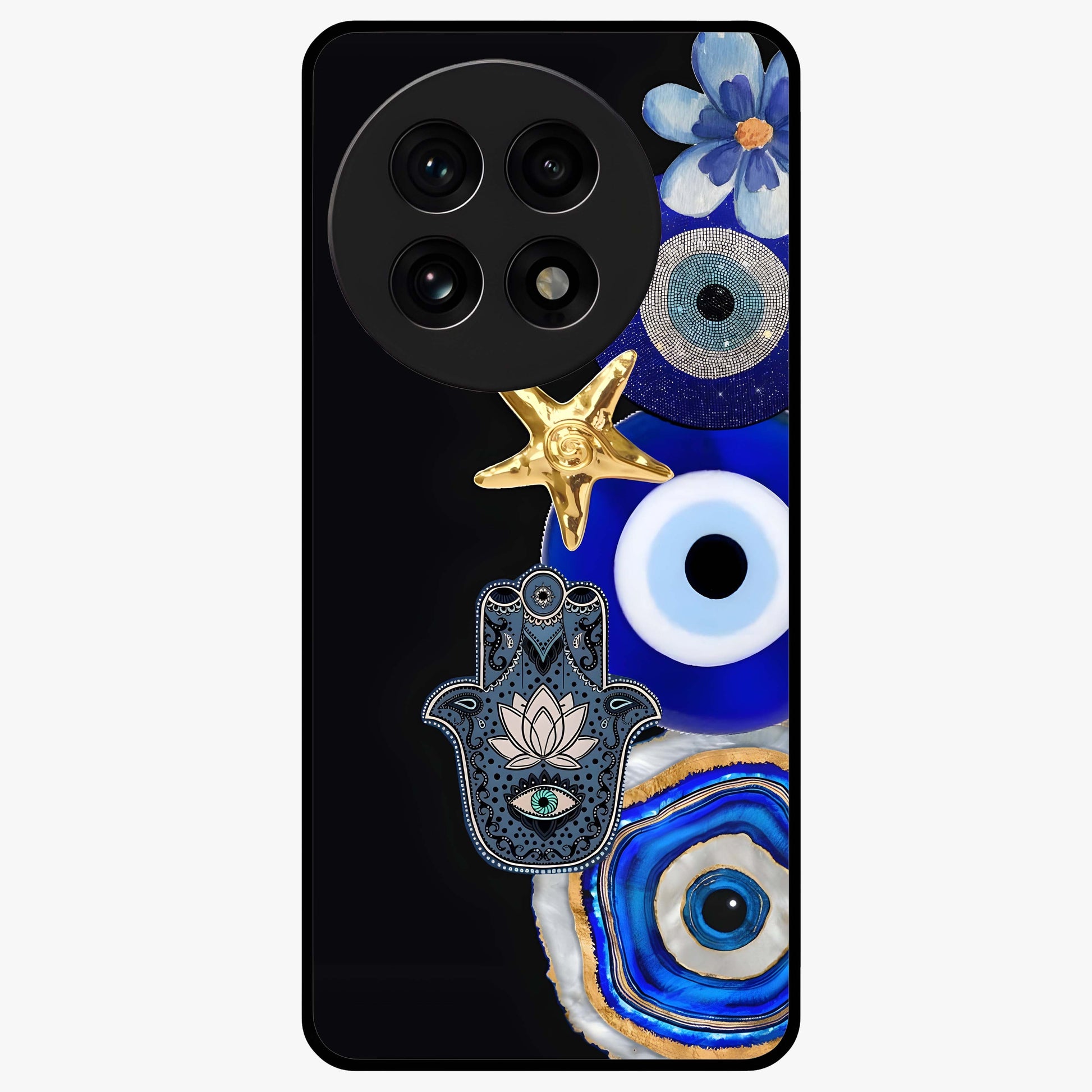 Divine Eye Bloom Glass Case for 1+13R artistic front view featuring floral evil eye inspired artwork