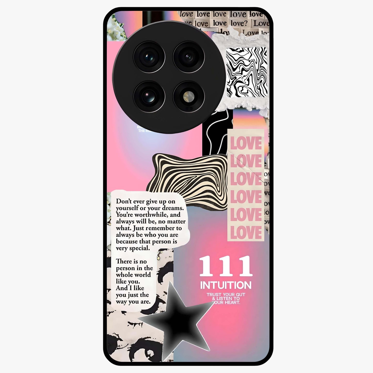 Divine Love Vibes Glass Case for 1+13R soft front view featuring romantic artistic typography design