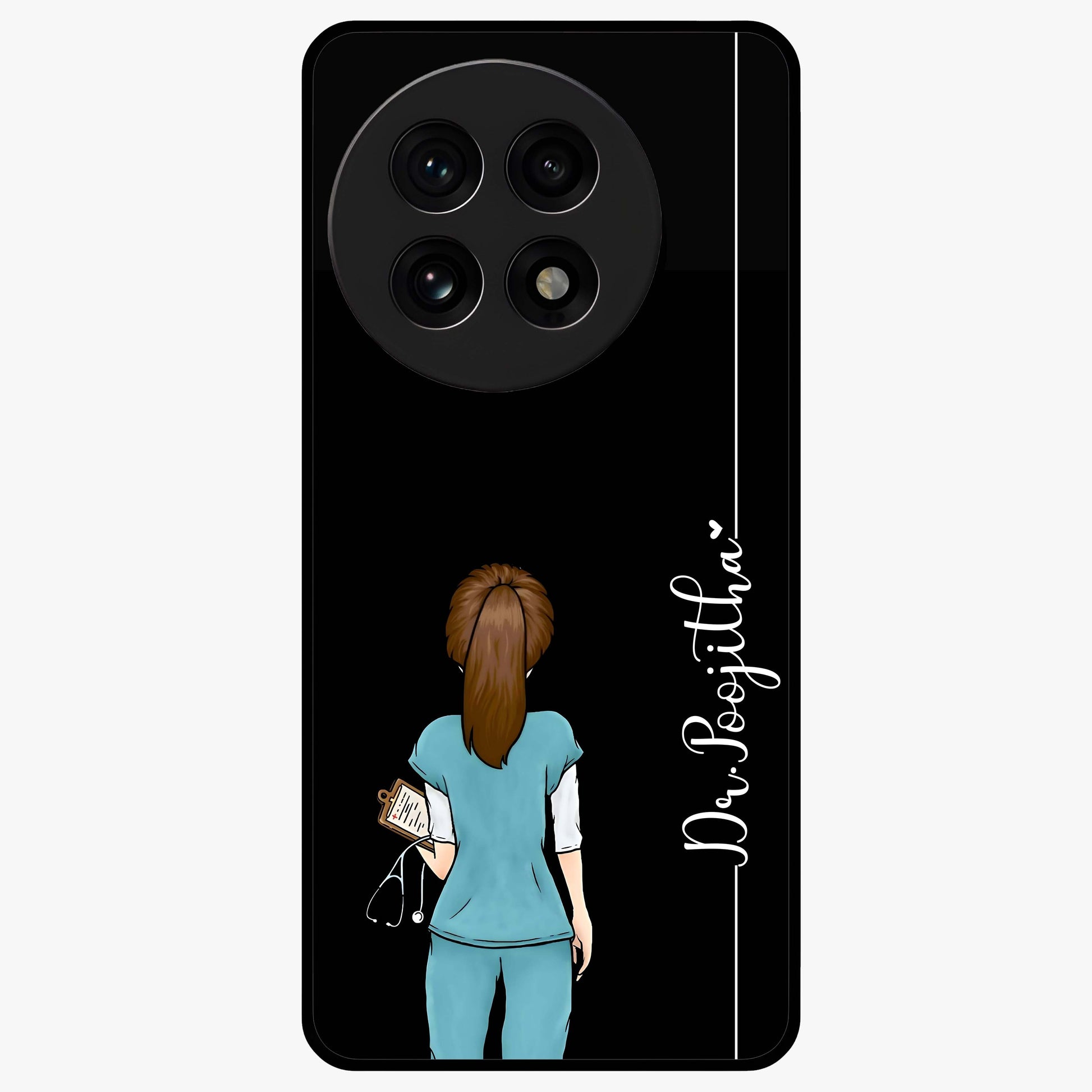 Doctor Pattern Custom Name Glass Case for 1+13R professional front view featuring medical themed artwork with personalized name design