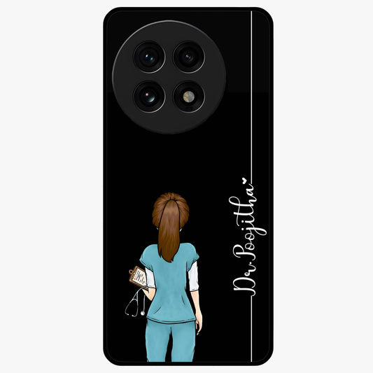 Doctor Pattern Custom Name Glass Case for 1+13R professional front view featuring medical themed artwork with personalized name design