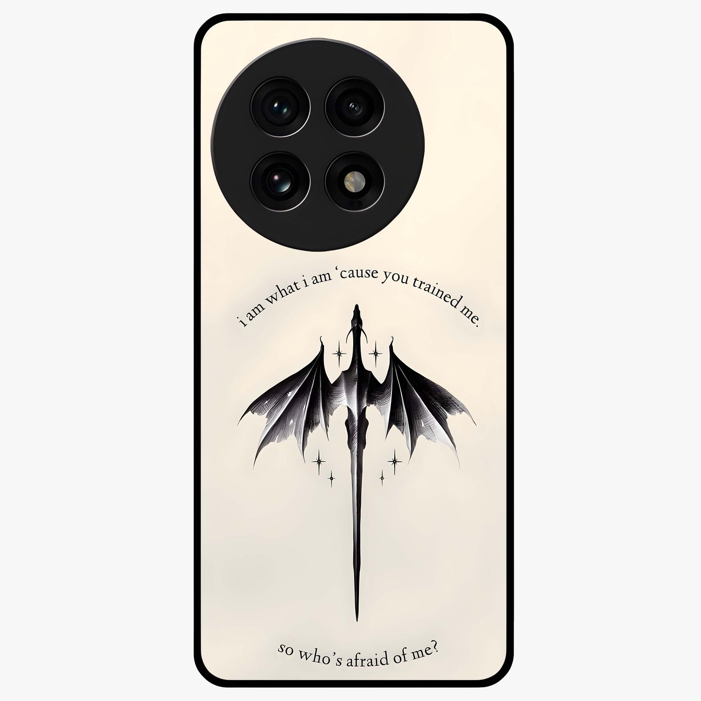 Dragon Quote Art Glass Case for 1+13R bold front view featuring dragon illustration with motivational quote artwork