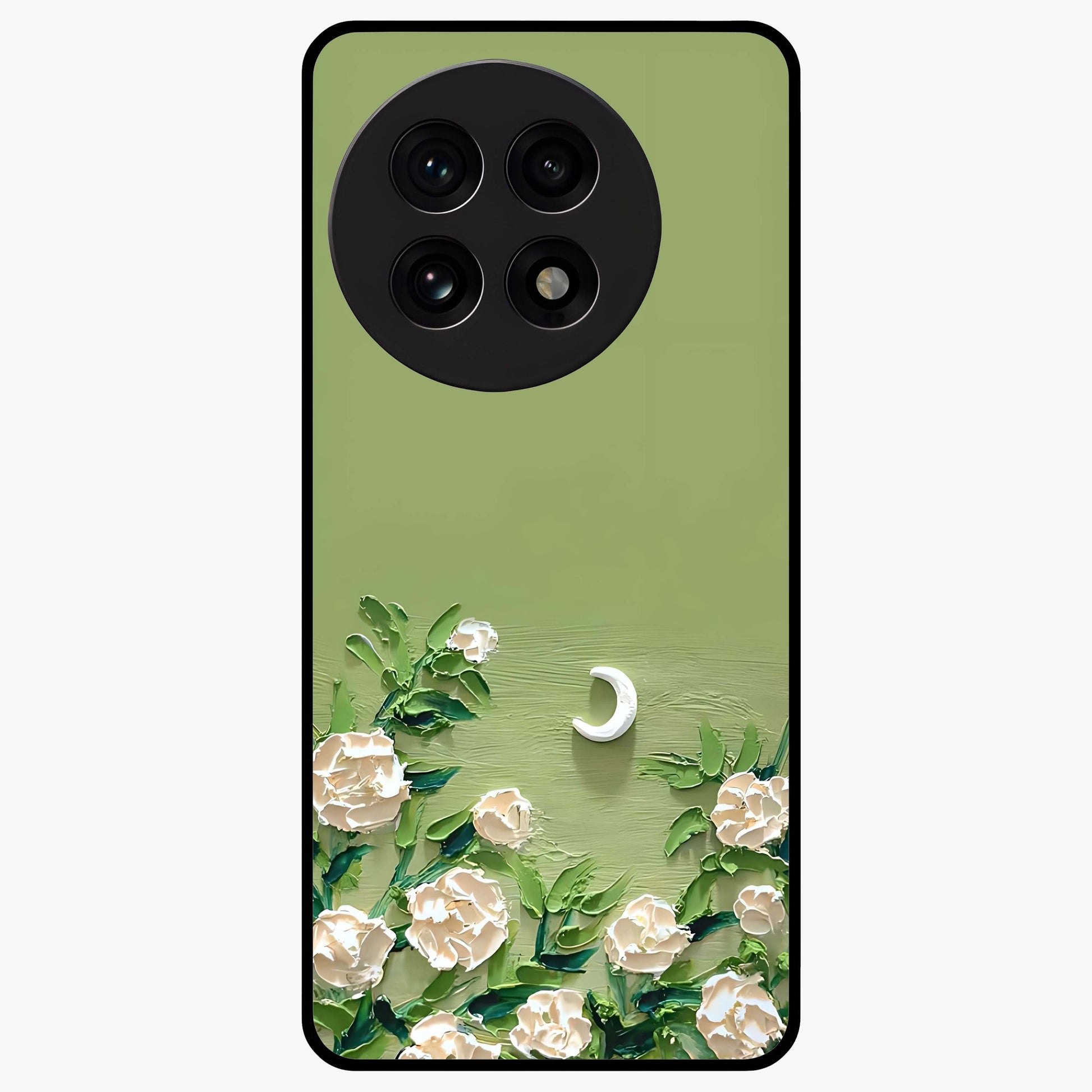 Emerald Bloom Calm Glass Case for 1+13R elegant front view featuring soothing emerald floral artwork
