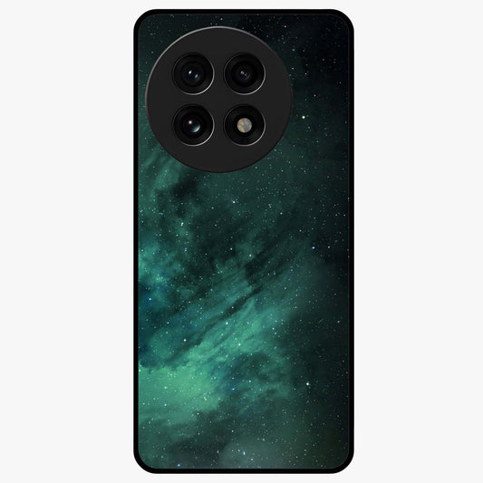 Emerald Green Space Glass Case for 1+13R vibrant front view featuring deep green cosmic inspired artwork