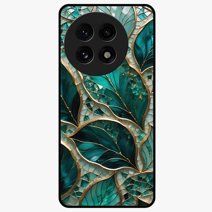 Emerald Leaf Glass Case for 1+13R minimalist front view featuring elegant green leaf artwork