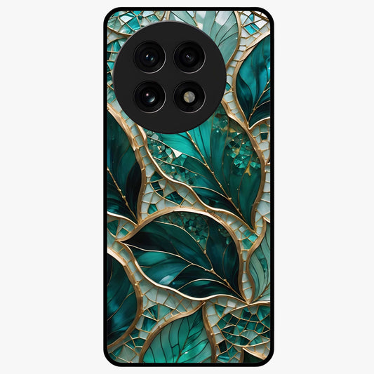Emerald Leaf Glass Case for 1+13R minimalist front view featuring elegant green leaf artwork