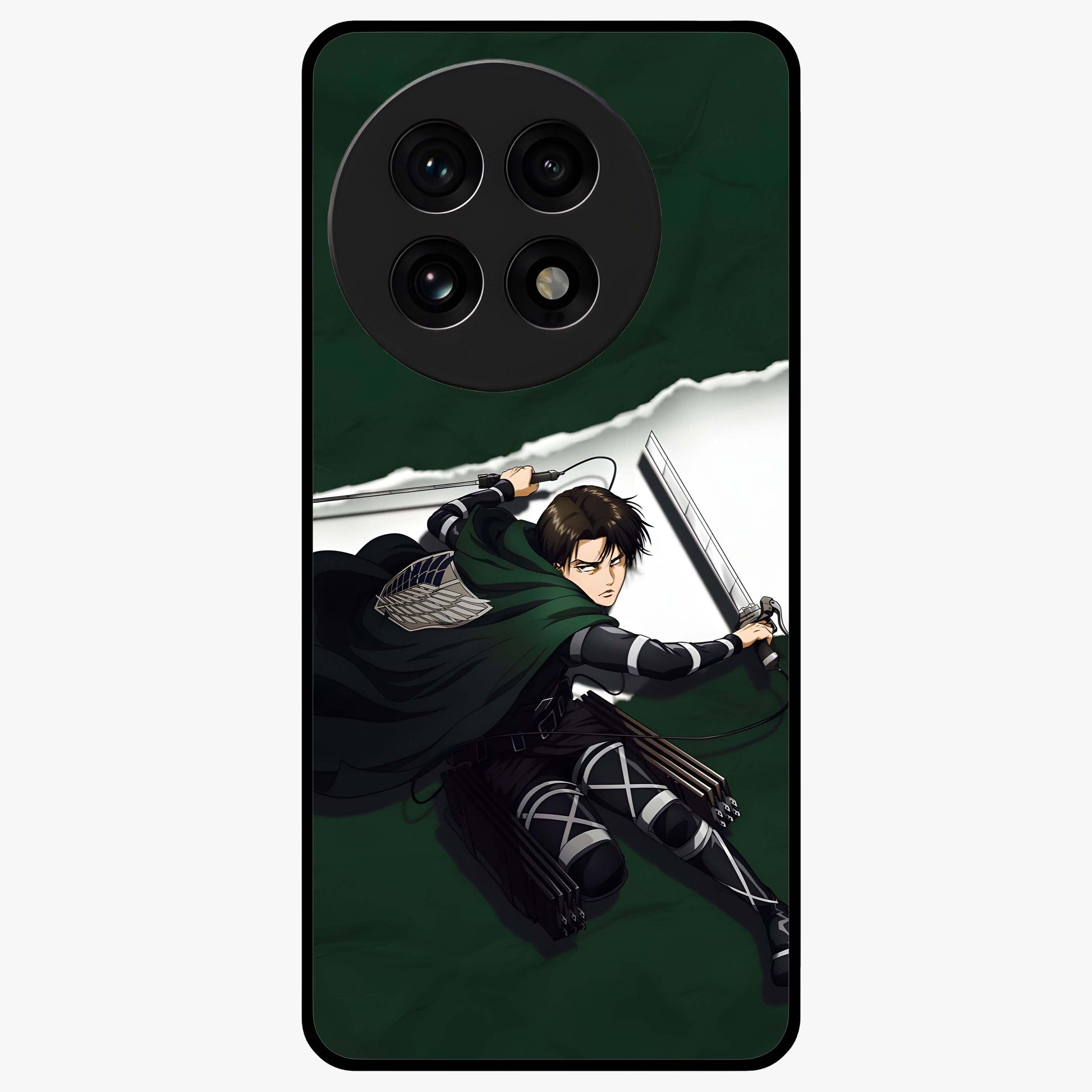 Emerald War Vanguard Glass Case for 1+13R striking front view featuring warrior inspired artwork in emerald tones