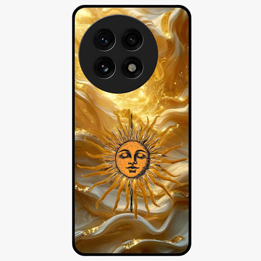 Eternal Golden Glow Glass Case for 1+13R radiant front view featuring warm golden artistic artwork