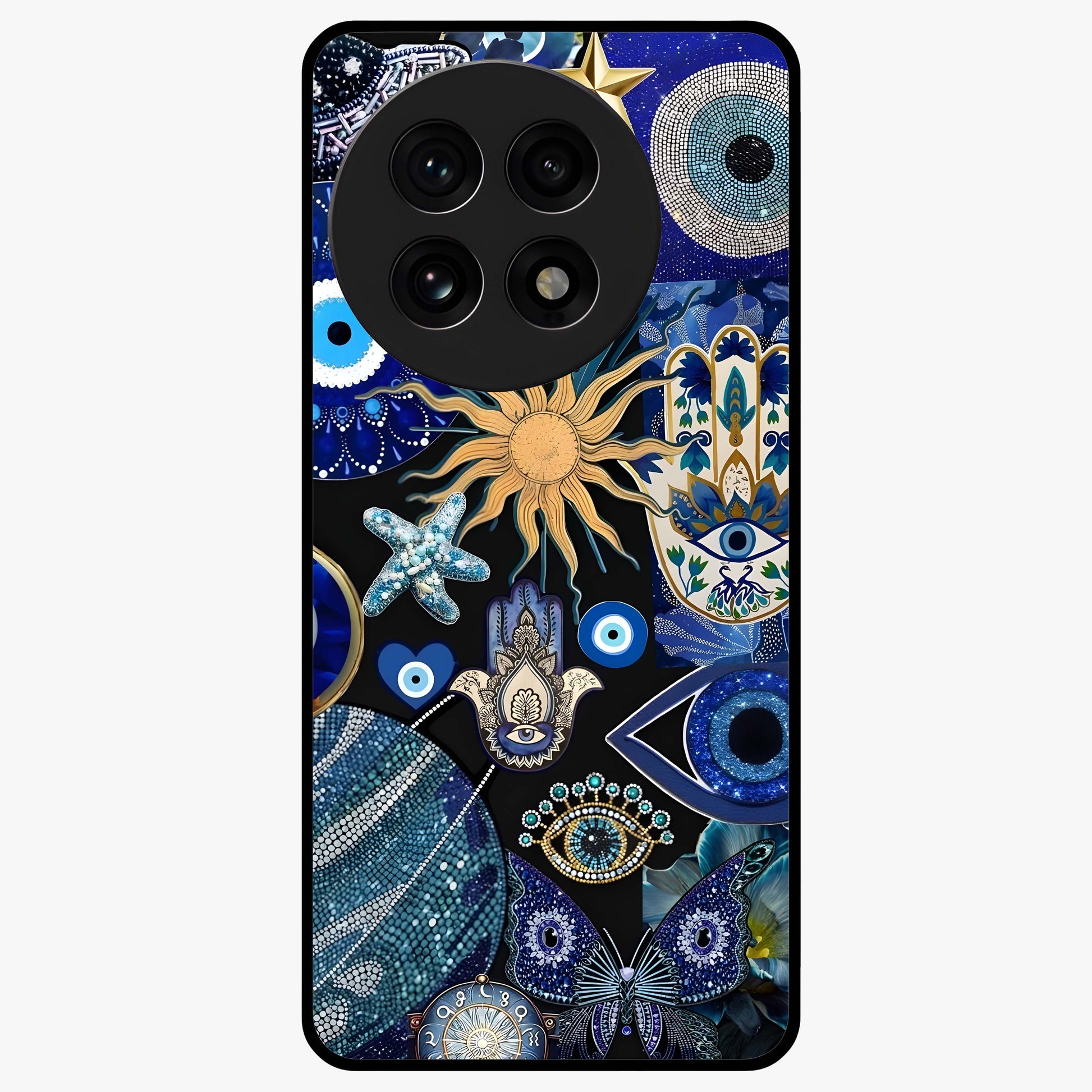 Evil Eye Charm Mix Glass Case for 1+13R vibrant front view featuring multiple evil eye charm artwork