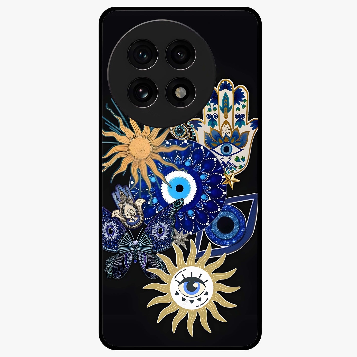 Evil Eye Charm Vibes Glass Case for 1+13R stylish front view featuring aesthetic evil eye inspired artwork