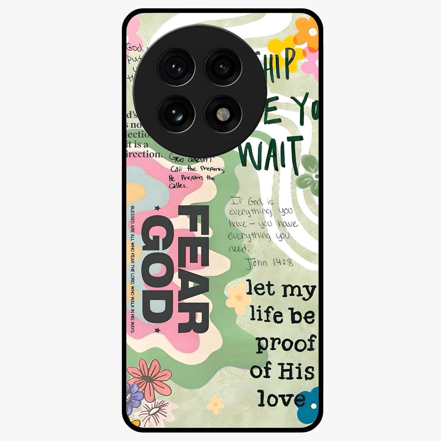 Faith Over Fear Glass Case for 1+13R inspirational front view featuring bold motivational typography artwork