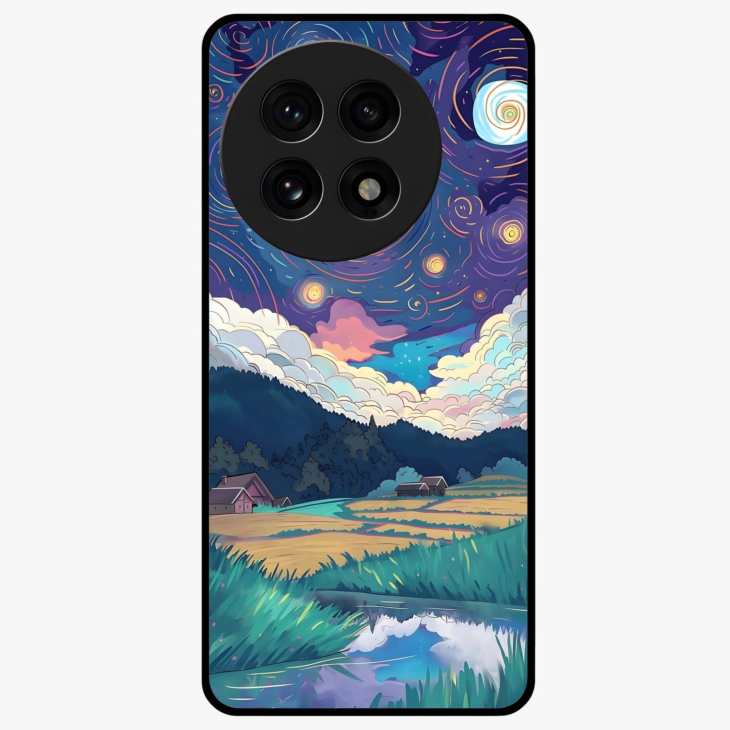 Fields Beneath the Cosmos Glass Case for 1+13R dreamy front view featuring meadow landscape under cosmic sky