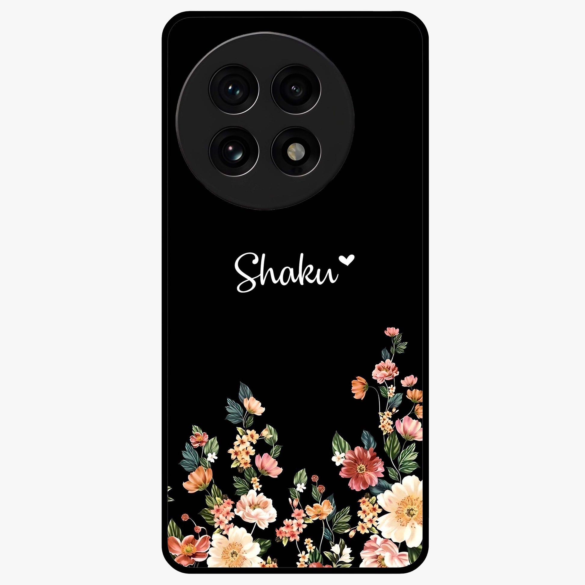 Floral Design With a Custom Personalized Name Glass Case for 1+13R graceful front view featuring floral artwork with personalized name design