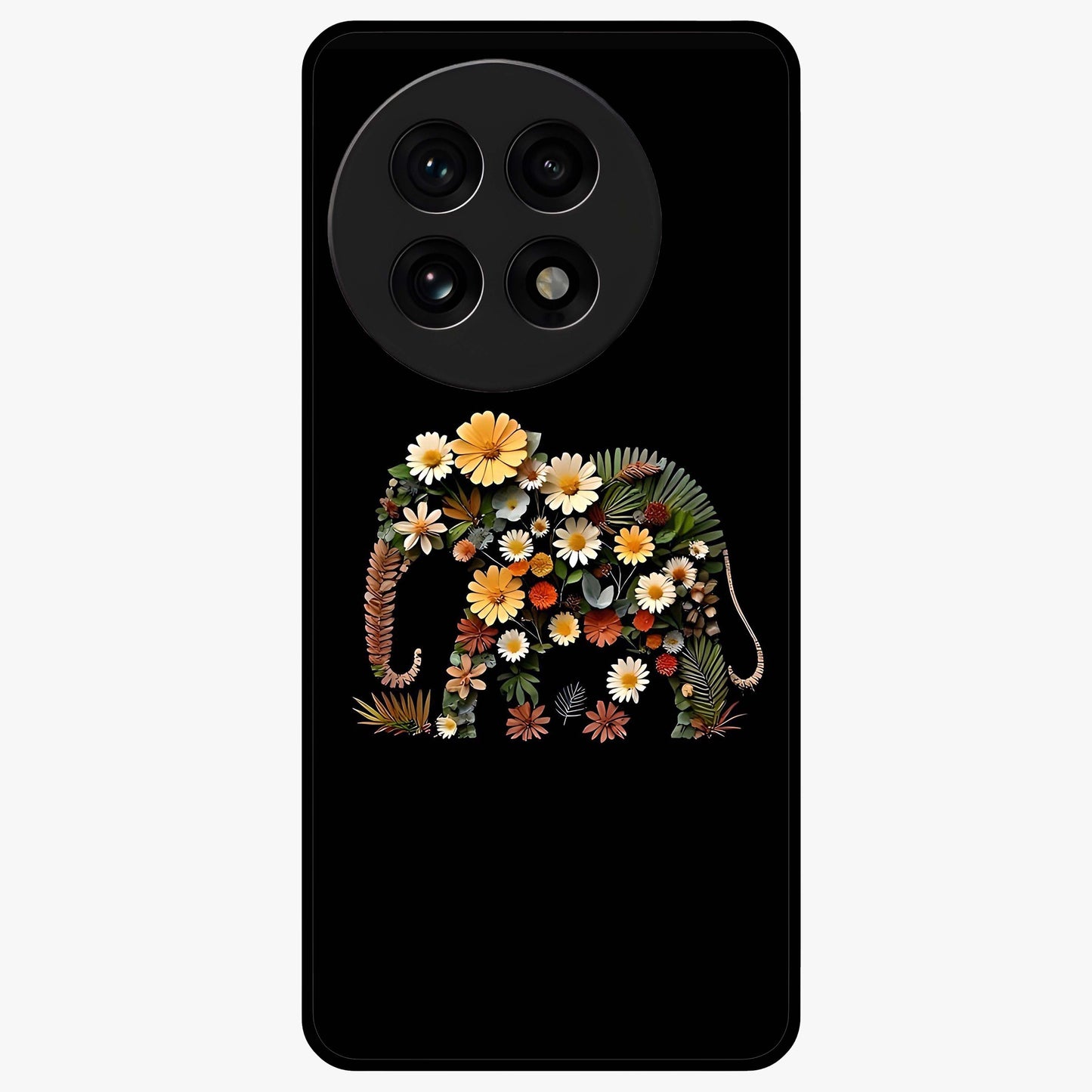 Floral Elephant Glass Case for 1+13R artistic front view featuring elephant illustration with floral detailing