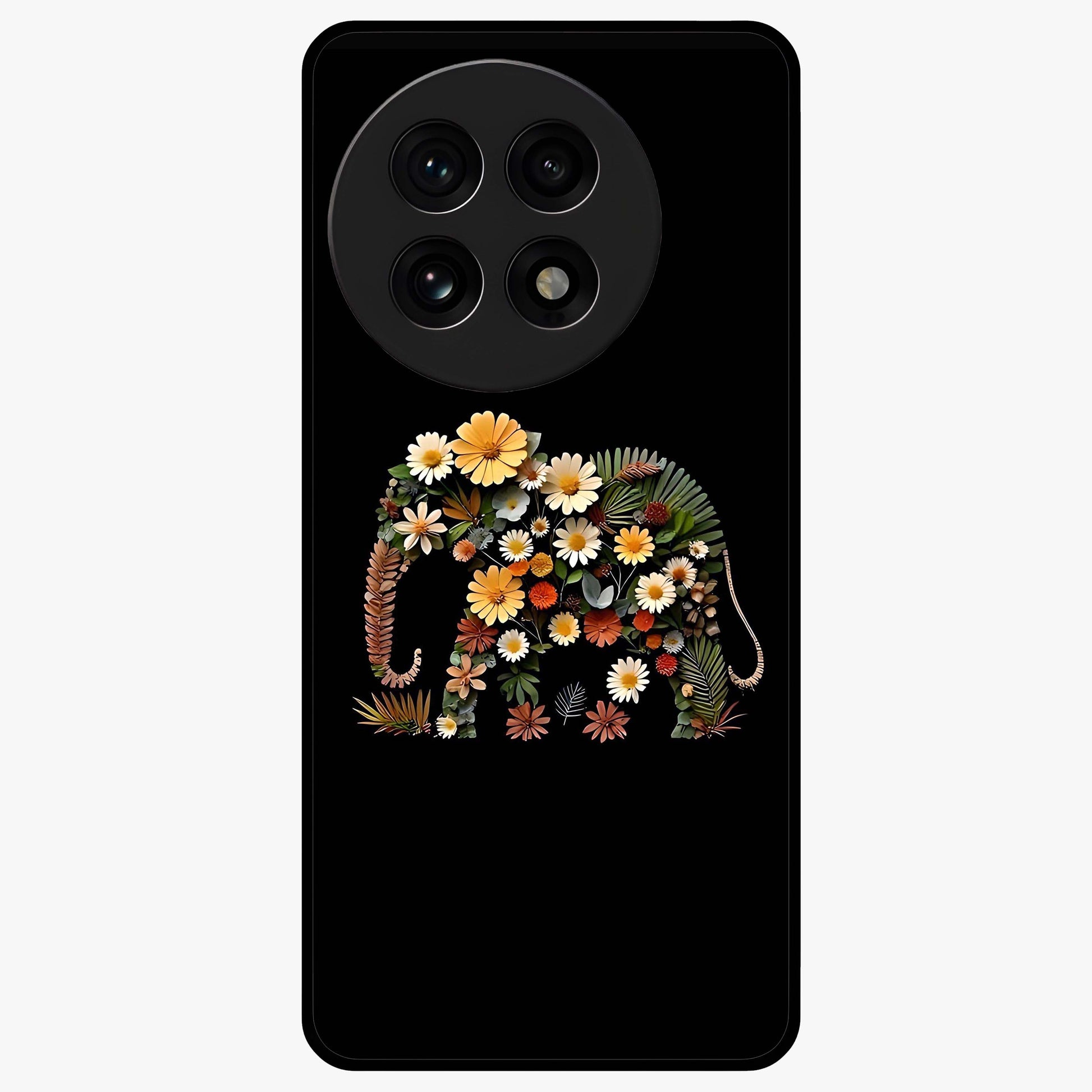 Floral Elephant Glass Case for 1+13R artistic front view featuring elephant illustration with floral detailing