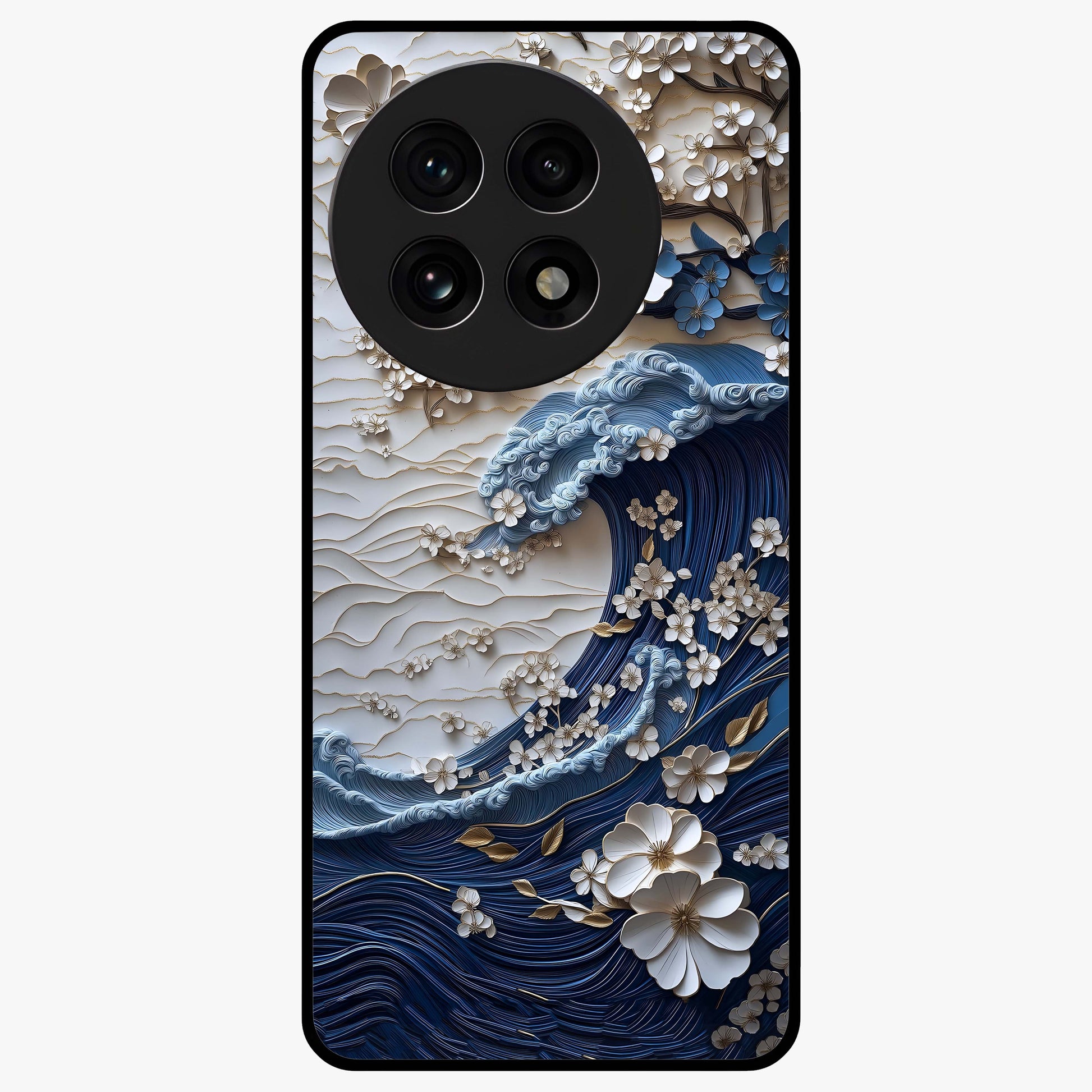 Floral Wave Origami Glass Case for 1+13R artistic front view featuring folded origami inspired floral wave artwork