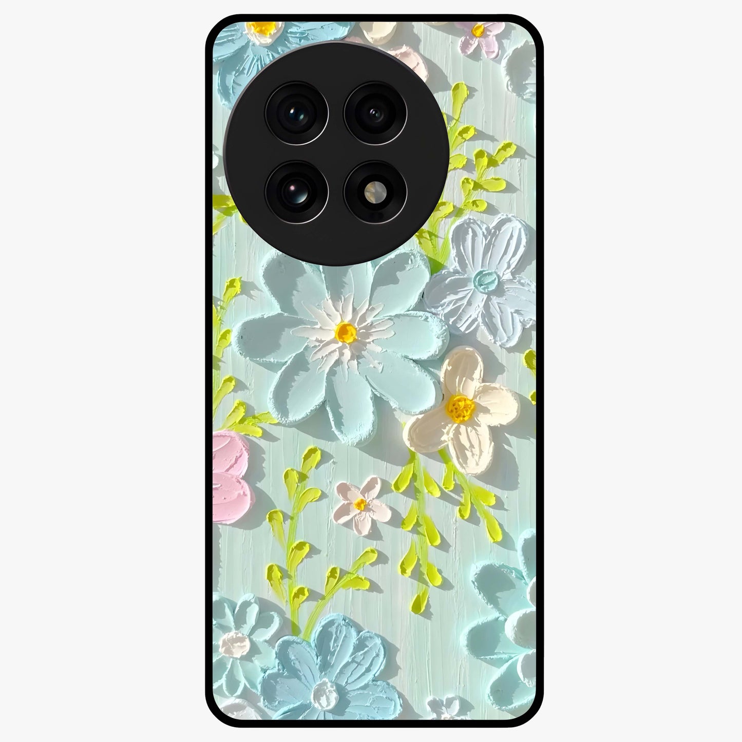 Frosted Petal Garden Glass Case for 1+13R soft front view featuring delicate floral artwork with frosted aesthetic tones