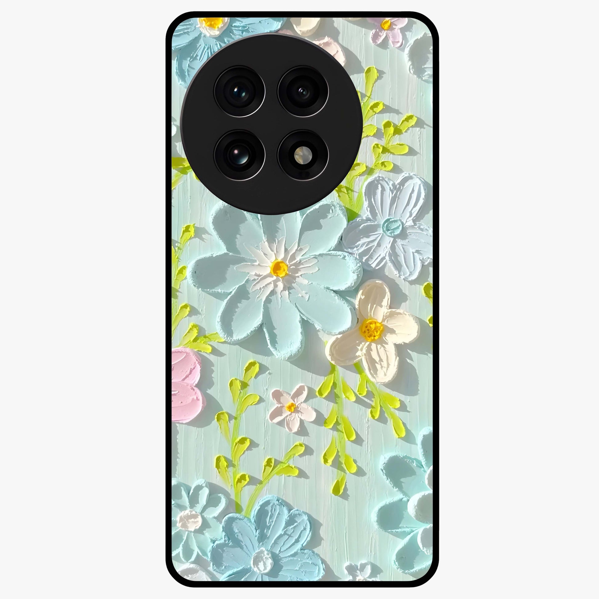 Frosted Petal Garden Glass Case for 1+13R soft front view featuring delicate floral artwork with frosted aesthetic tones