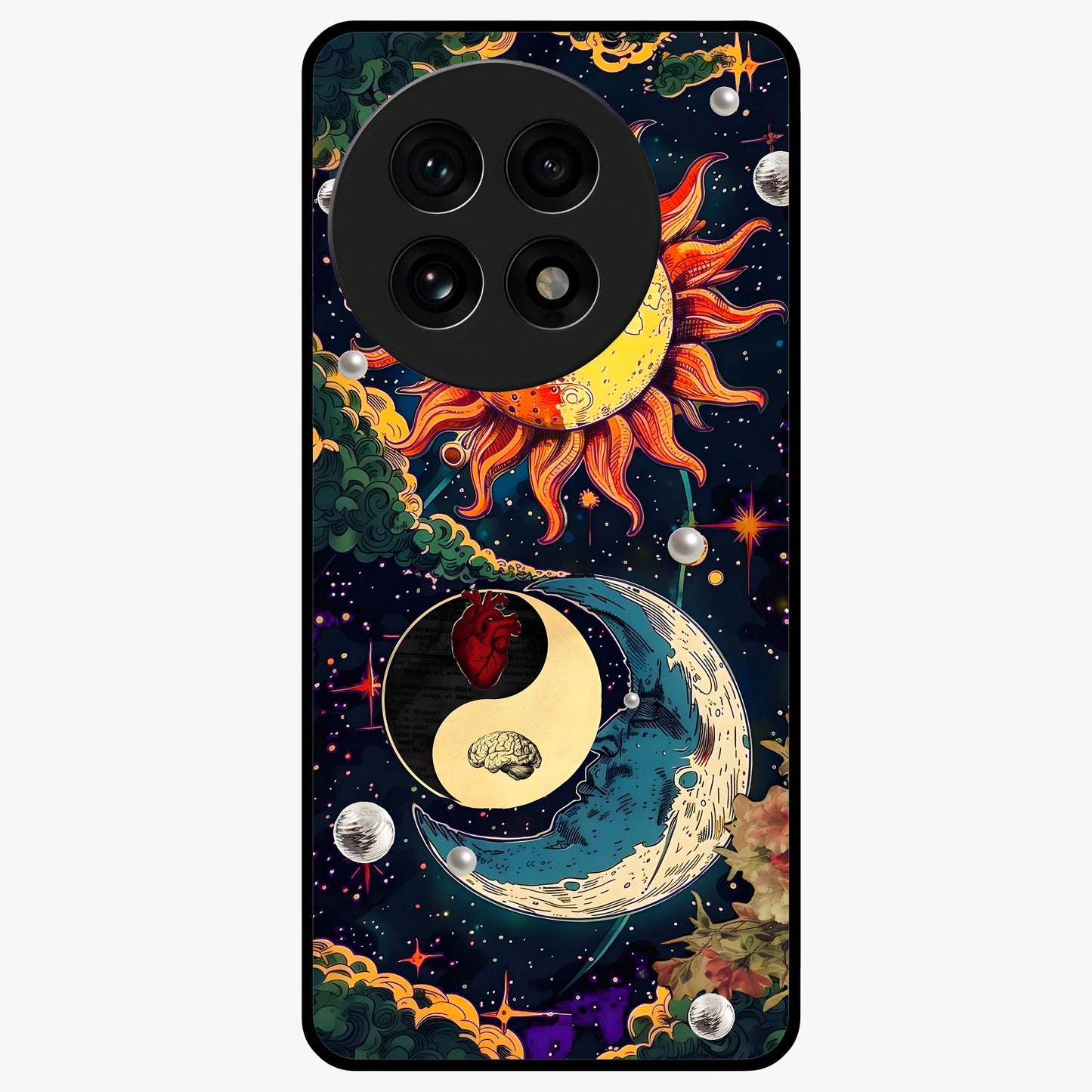 Future Universe Glass Case for 1+13R futuristic front view featuring cosmic inspired abstract artwork