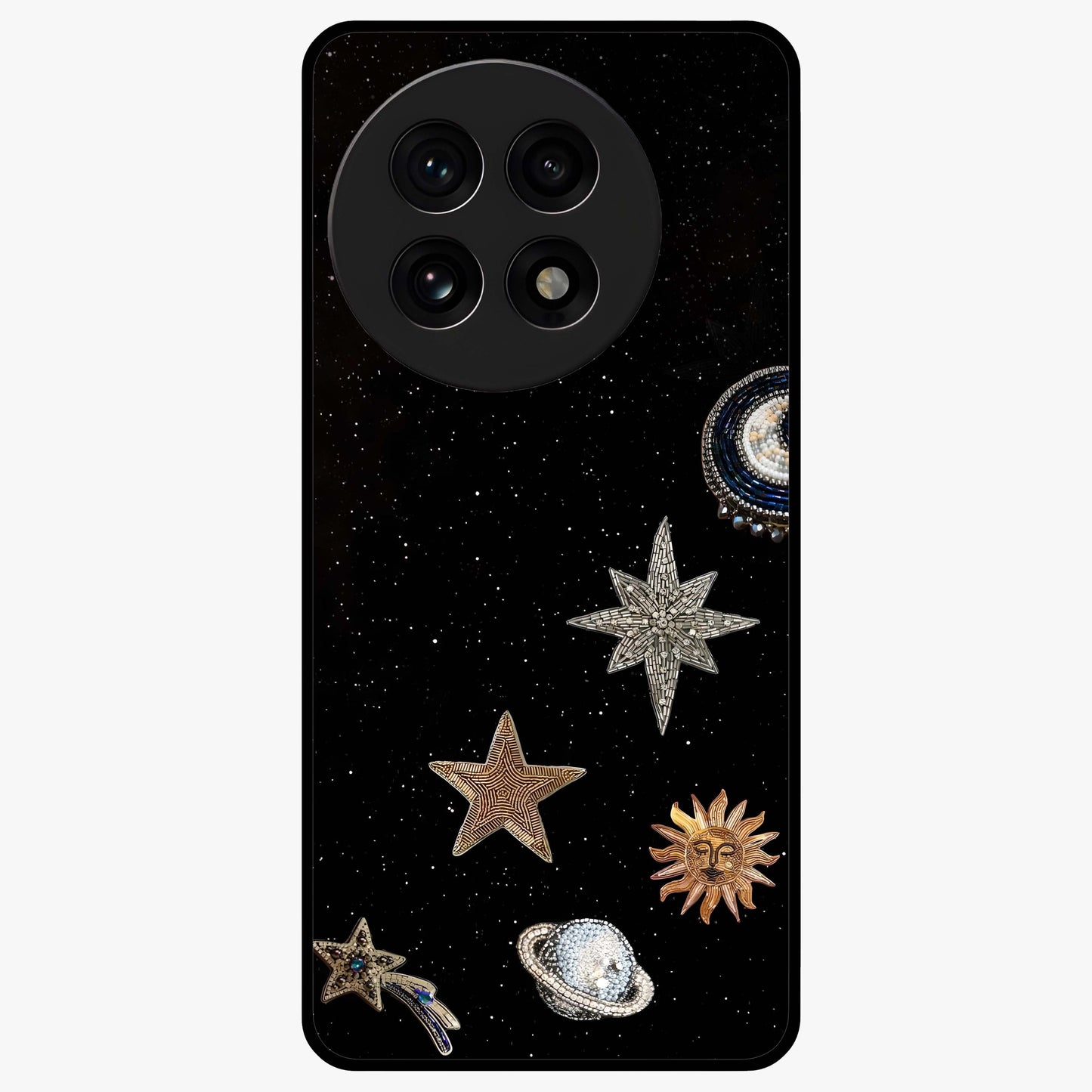 Galactic Charm Glow Glass Case for 1+13R radiant front view featuring glowing cosmic charm artwork
