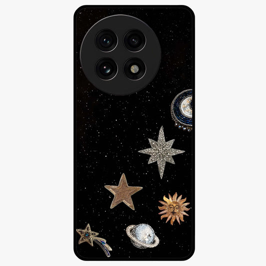 Galactic Charm Glow Glass Case for 1+13R radiant front view featuring glowing cosmic charm artwork